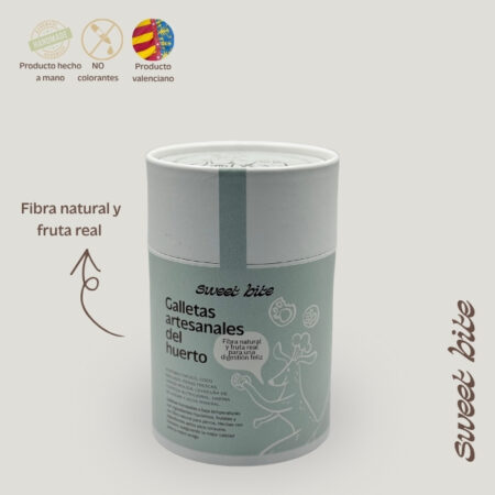 Vista frontal del bote de galletas naturales para perros del huerto, destacando su aporte de fibra natural y fruta real para una digestión feliz, con distintivos de producción artesanal valenciana.
