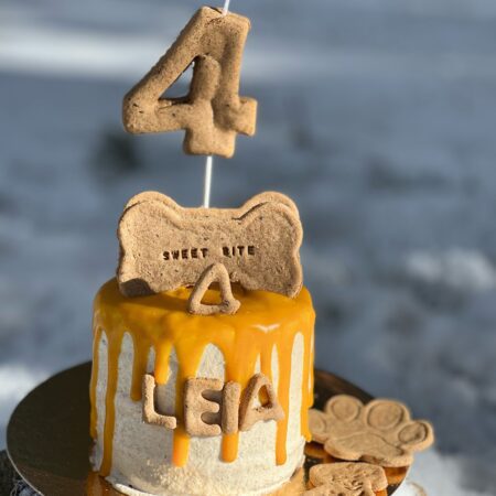 Tarta para perro simulando un drip de miel con una vela gigante comestible de galleta de perro con forma de número 4