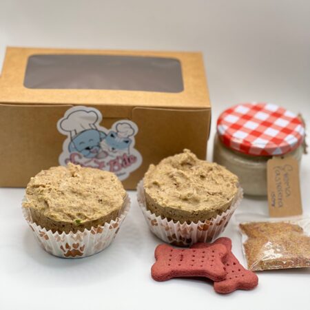 2 Cupcakes para perro de ingredientes naturales, con galletas saludables para perro y crema pastelera apta, preparado para enviar a domicilio