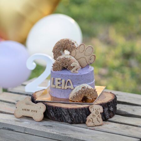 Tarta para perros con crema pastelera de arándanos y moras, personalizada con el nombre del perro y galleta en forma de número. Con un bosque de fondo y globos.
