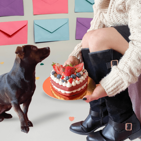 Tarta San Valentín Perros Red Velvet 500 g, natural y artesanal, decorada en tienda con crema pastelera y fruta fresca. Recogida en local.