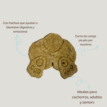 Galletas relajantes para perros de pascua. Detalle de las galletas con forma de colitas de conejo del pack Chill.