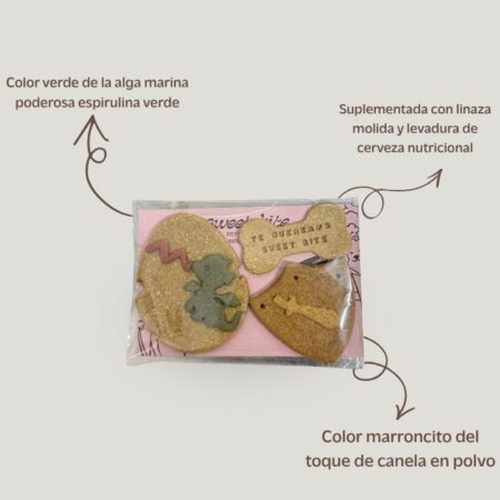 Infografía explicativa del Pack Escudo de Sant Jordi para perros,detallando las formas (Escudo, Dragón, Hueso) resaltando el sabor 'Del Desierto' con algarroba y canela, e ingredientes como chía y linaza.