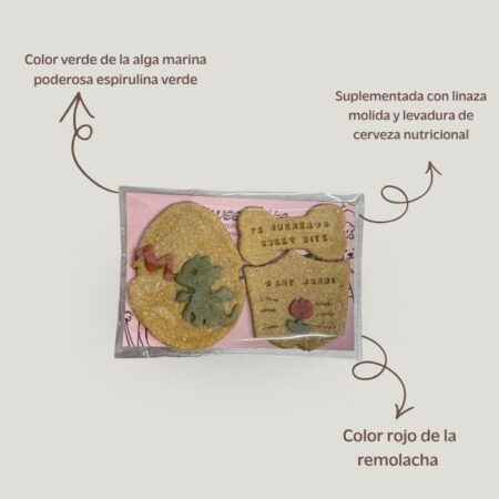 Infografía explicativa del Pack Libro de Sant Jordi para perros, detallando las formas (Libro, Rosa, Dragón, Hueso) y los ingredientes naturales como plátano, manzana y pera.